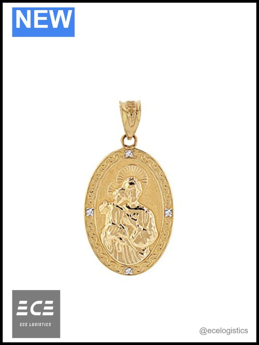 Solid 10k Yellow Gold Saint Joseph Diamond Oval Medal Charm Pendant